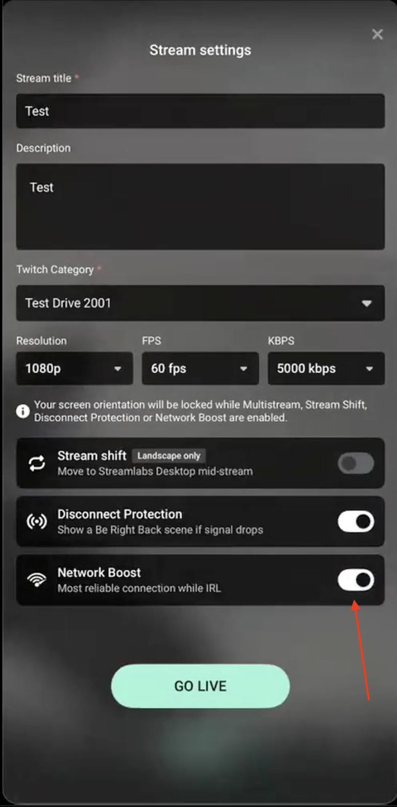 go live streamlabs mobile settings with Network Boost enabled